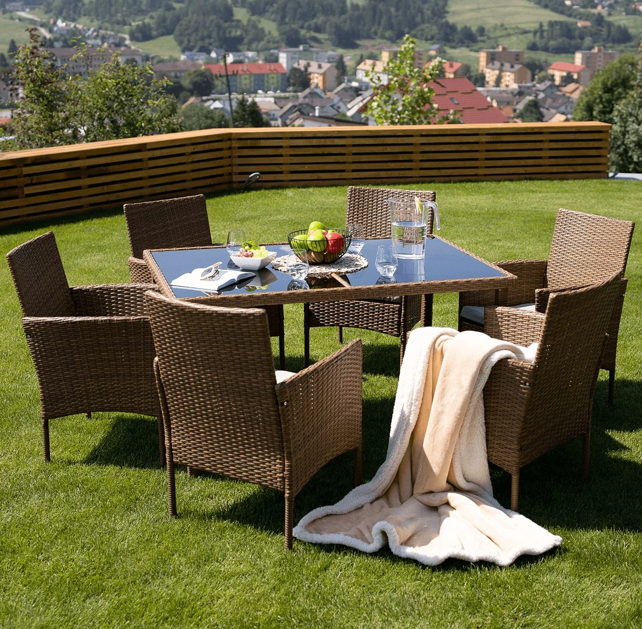 GARDEN 7 részes kerti garnitúra, rattanszett - Méz / Krém szövet