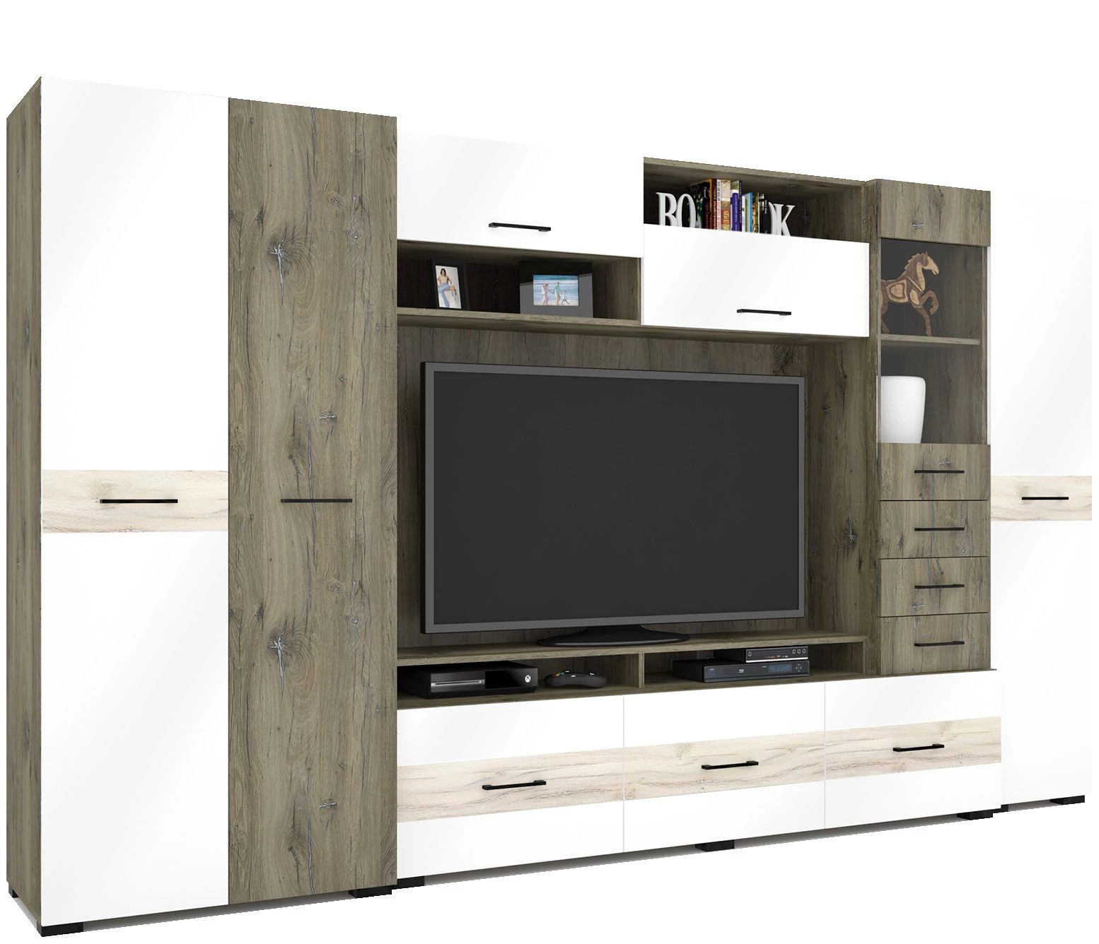 HAVANNA nappali szekrénysor 345 cm - Sötét Justus Tölgy / Magasfényű Fehér